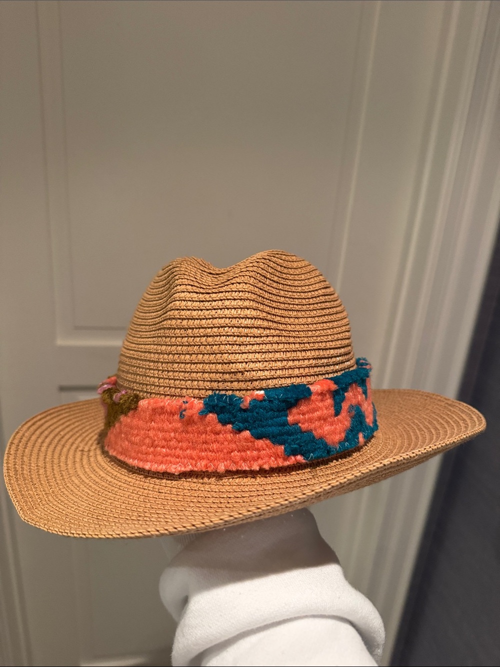 Woven Straw Fedora with Colorful Band - Tan & Coral Accent - Picture 5 of 5